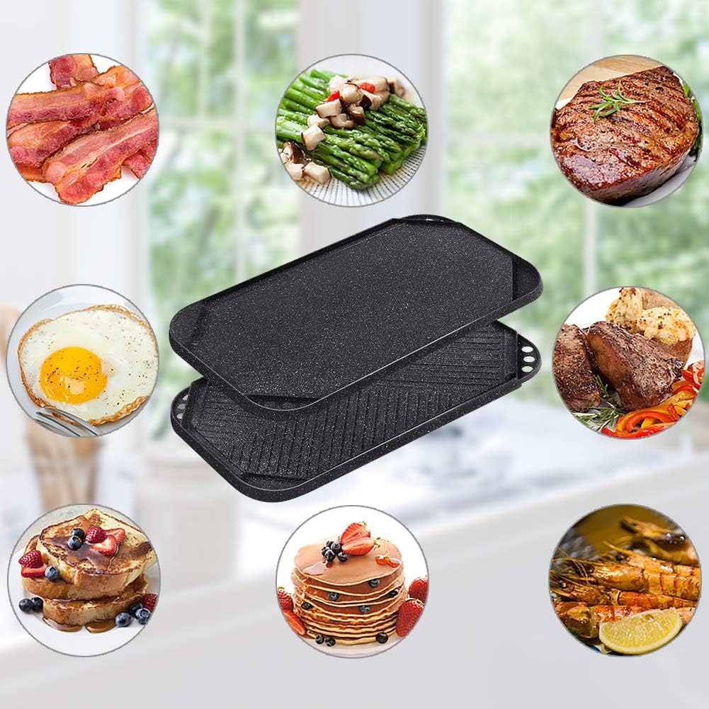 SENSARTE Nonstick Cast Aluminum Griddle & Grill Pan, 19.5" x 10.7", Reversible, Pro-Grid, Portable for Indoor Stovetop or Outdoor Camping BBQ