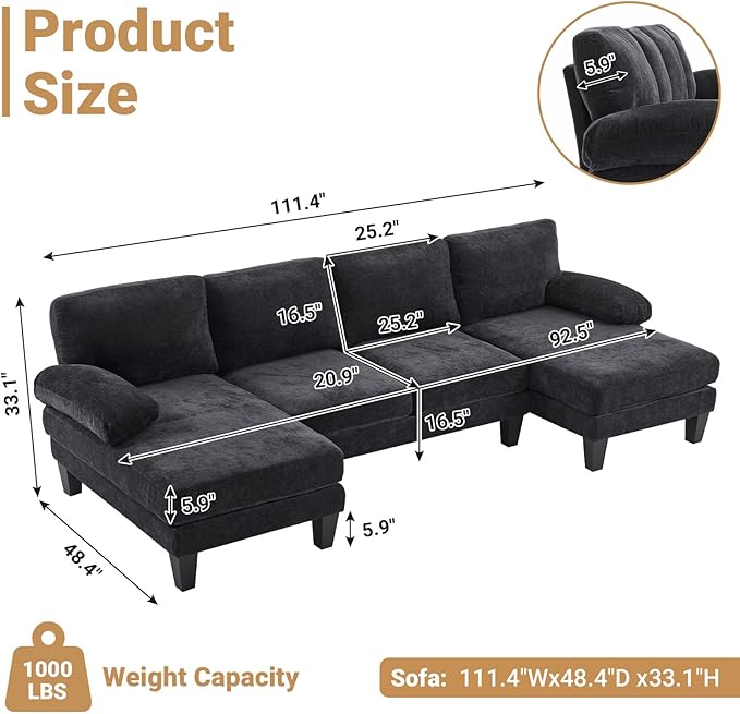 Vongrasig Convertible Sectional Couches, 3 Seat L Shaped Couch Sofa with Removable Pillows Linen Fabric Small Couch Mid Century for Living Room, Apartment and Office Black