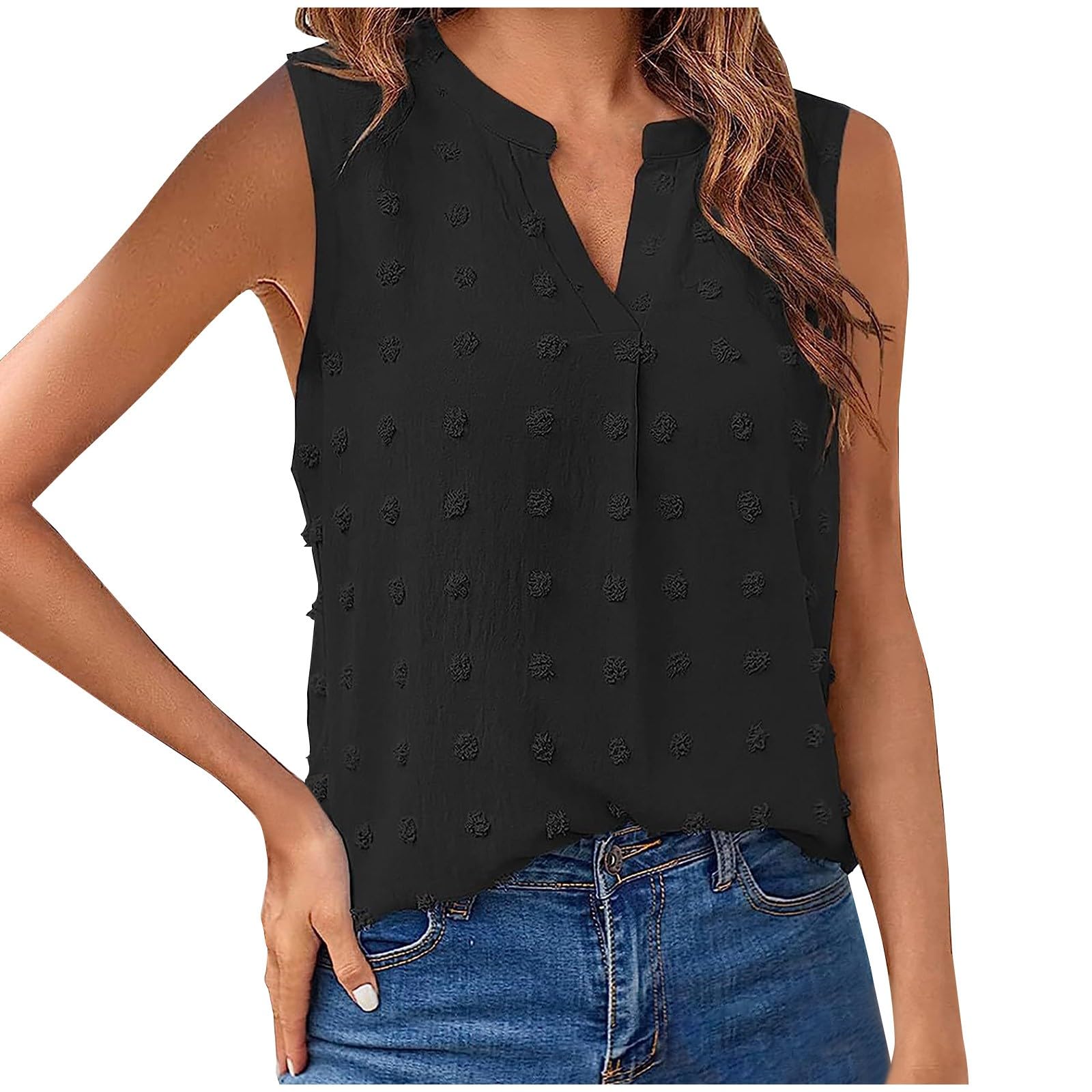 Generic Womens Tank Tops Dressy Casual V Neck Sleeveless Swiss Dots Shirts Loose Fit Office Work Vacation Summer Tunic Blouse