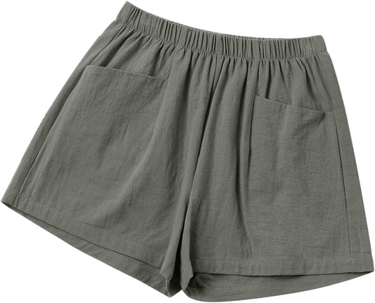 Shorts for Women 2024 Summer Elastic Waist Solid Linen Wide Leg Shorts Loose Fit Comfy Lightweight Shorts with Pocket