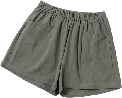 Shorts for Women 2024 Summer Elastic Waist Solid Linen Wide Leg Shorts Loose Fit Comfy Lightweight Shorts with Pocket