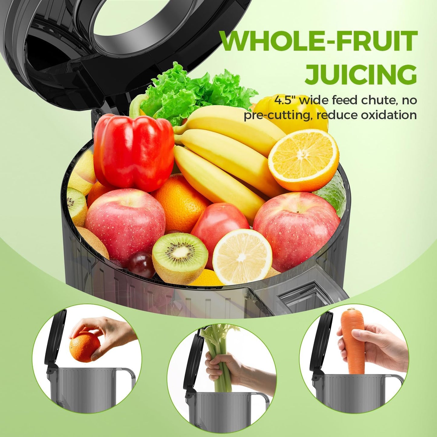 Juicer Machines, Cold Press Juicer Fit Whole Fruits and Vegetables, Slow Masticating Juicers with Wide Feed Chute, High Juice Yield, BPA Free