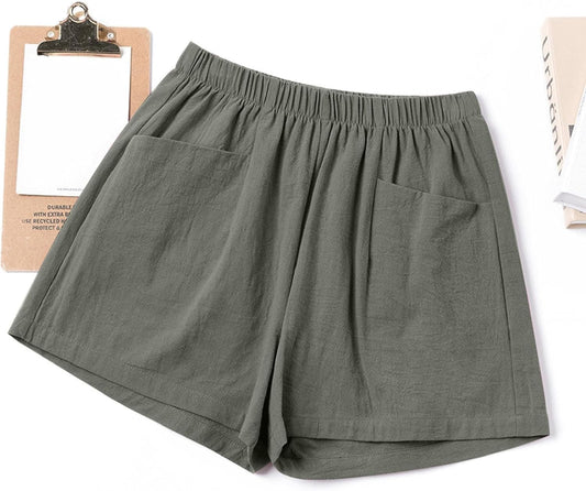 Shorts for Women 2024 Summer Elastic Waist Solid Linen Wide Leg Shorts Loose Fit Comfy Lightweight Shorts with Pocket