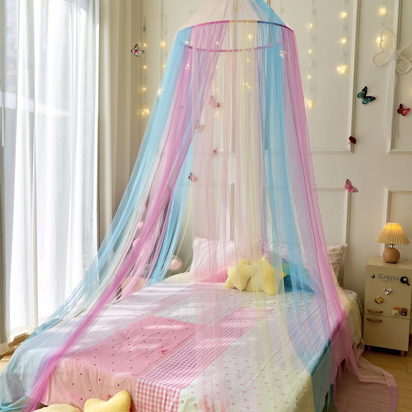 Wnqou Rainbow Bed Canopy,X-Large Princess Rainbow Canopy Hanging Netting for Girls Bedroom Decor,Kids Fairy Dream Play Tent for Room,Reading Corner