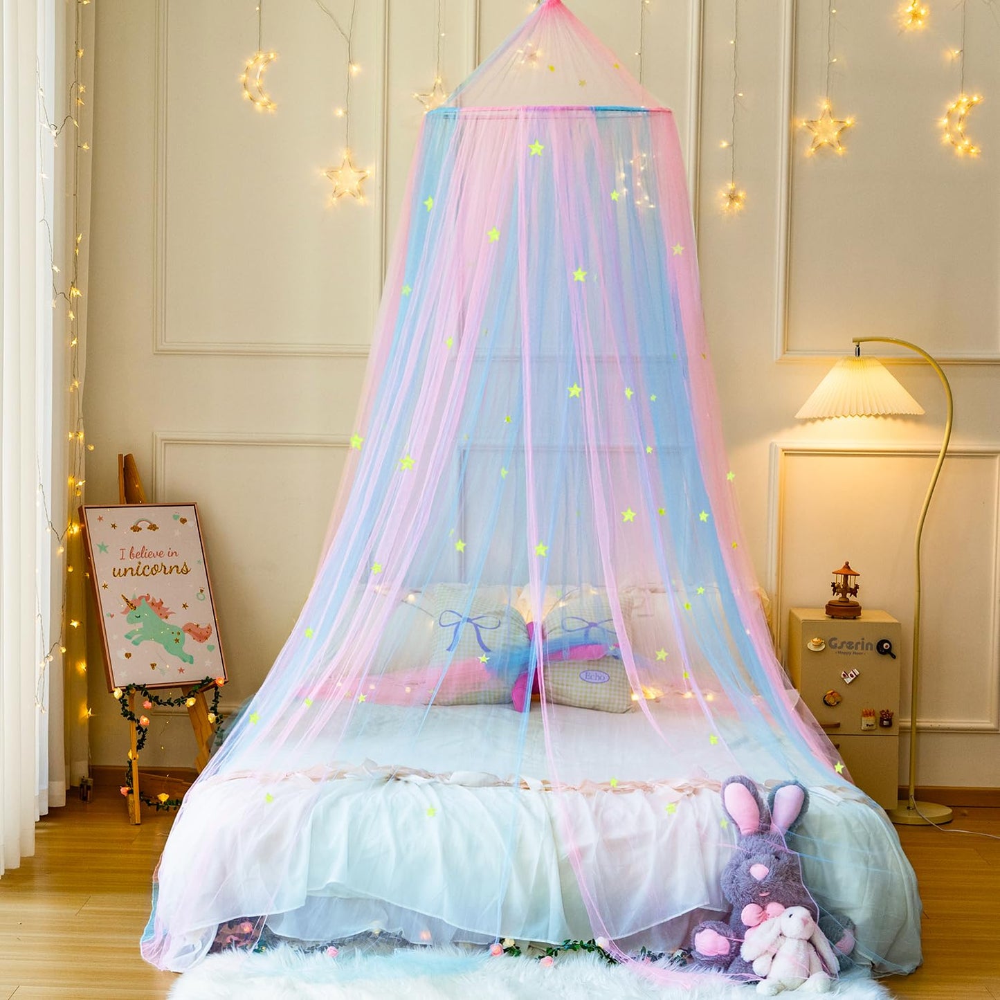 Wnqou Rainbow Bed Canopy,X-Large Princess Rainbow Canopy Hanging Netting for Girls Bedroom Decor,Kids Fairy Dream Play Tent for Room,Reading Corner