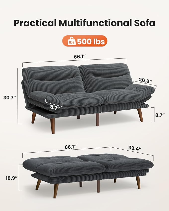 Pipishell Convertible Futon Sofa Bed,66" Corduroy Futon Couch with Adjustable Backrest and Armrests, Recliner Sleeper Sofa for Small Spaces, Play Room or Office, Grey