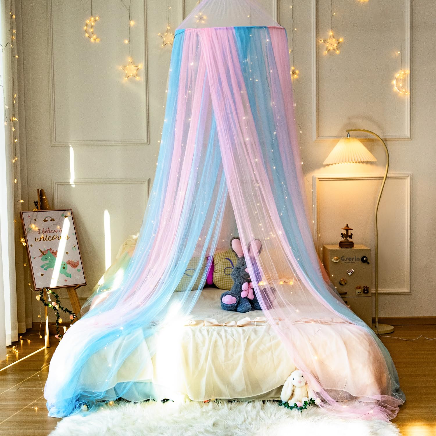 Wnqou Rainbow Bed Canopy,X-Large Princess Rainbow Canopy Hanging Netting for Girls Bedroom Decor,Kids Fairy Dream Play Tent for Room,Reading Corner