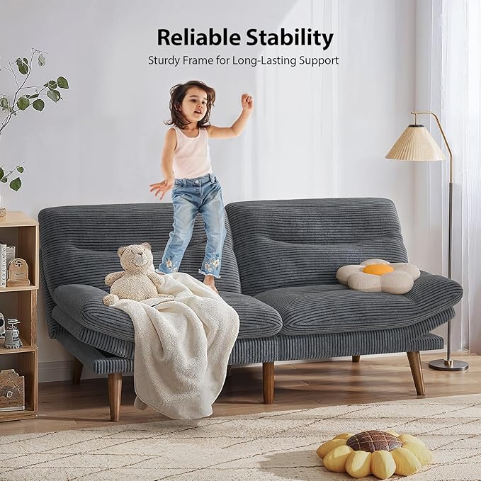 Pipishell Convertible Futon Sofa Bed,66" Corduroy Futon Couch with Adjustable Backrest and Armrests, Recliner Sleeper Sofa for Small Spaces, Play Room or Office, Grey