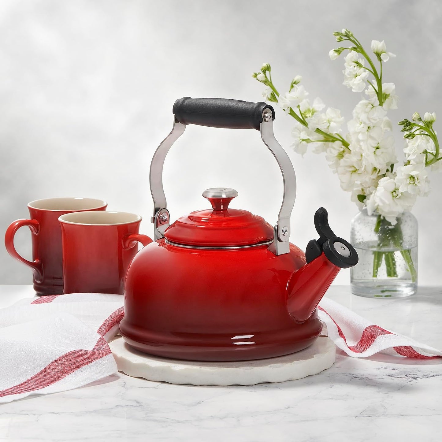 Le Creuset Enamel On Steel Whistling Tea Kettle with Metal Finishes, 1.7 qt., Cerise