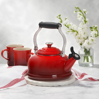 Le Creuset Enamel On Steel Whistling Tea Kettle with Metal Finishes, 1.7 qt., Cerise