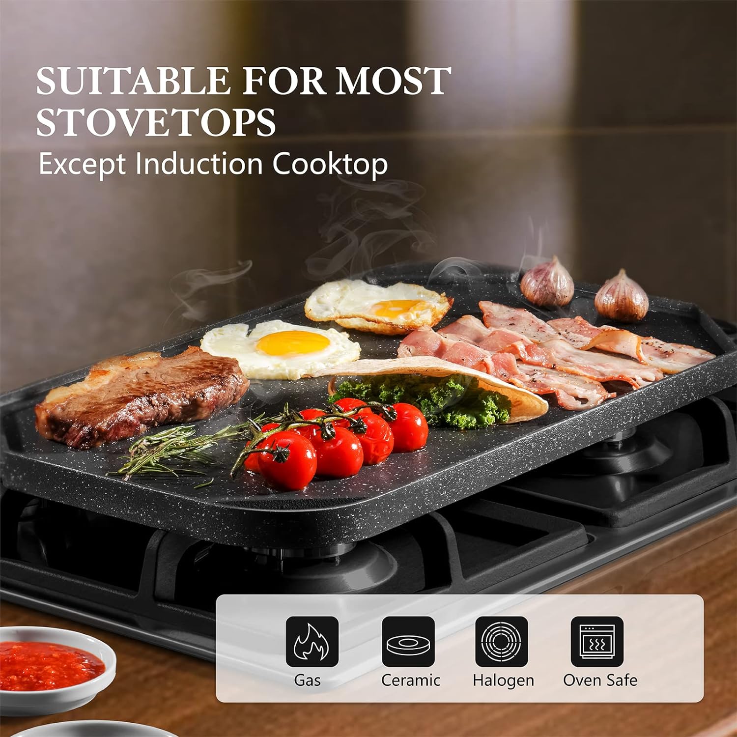 SENSARTE Nonstick Cast Aluminum Griddle & Grill Pan, 19.5" x 10.7", Reversible, Pro-Grid, Portable for Indoor Stovetop or Outdoor Camping BBQ