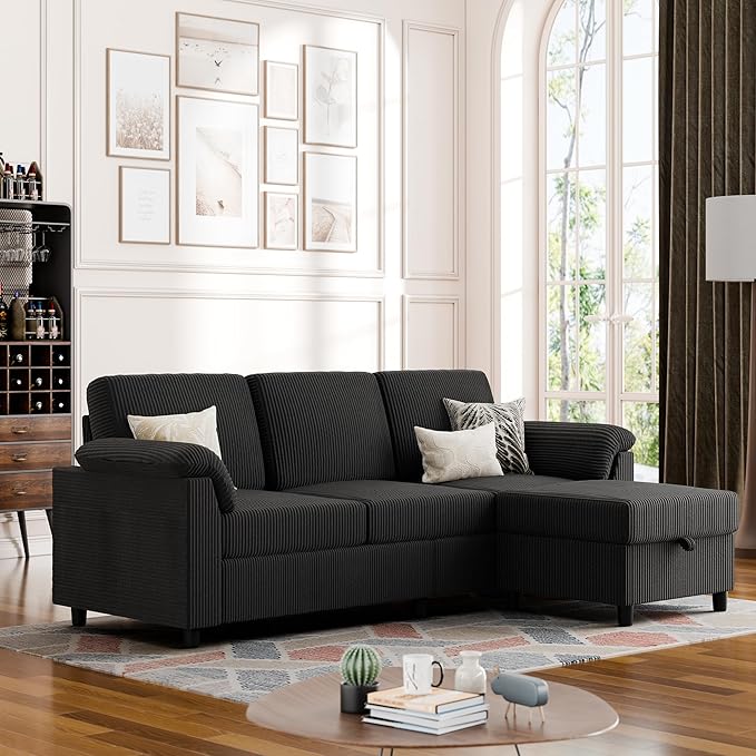 Vongrasig Convertible Sectional Couches, 3 Seat L Shaped Couch Sofa with Removable Pillows Linen Fabric Small Couch Mid Century for Living Room, Apartment and Office Black
