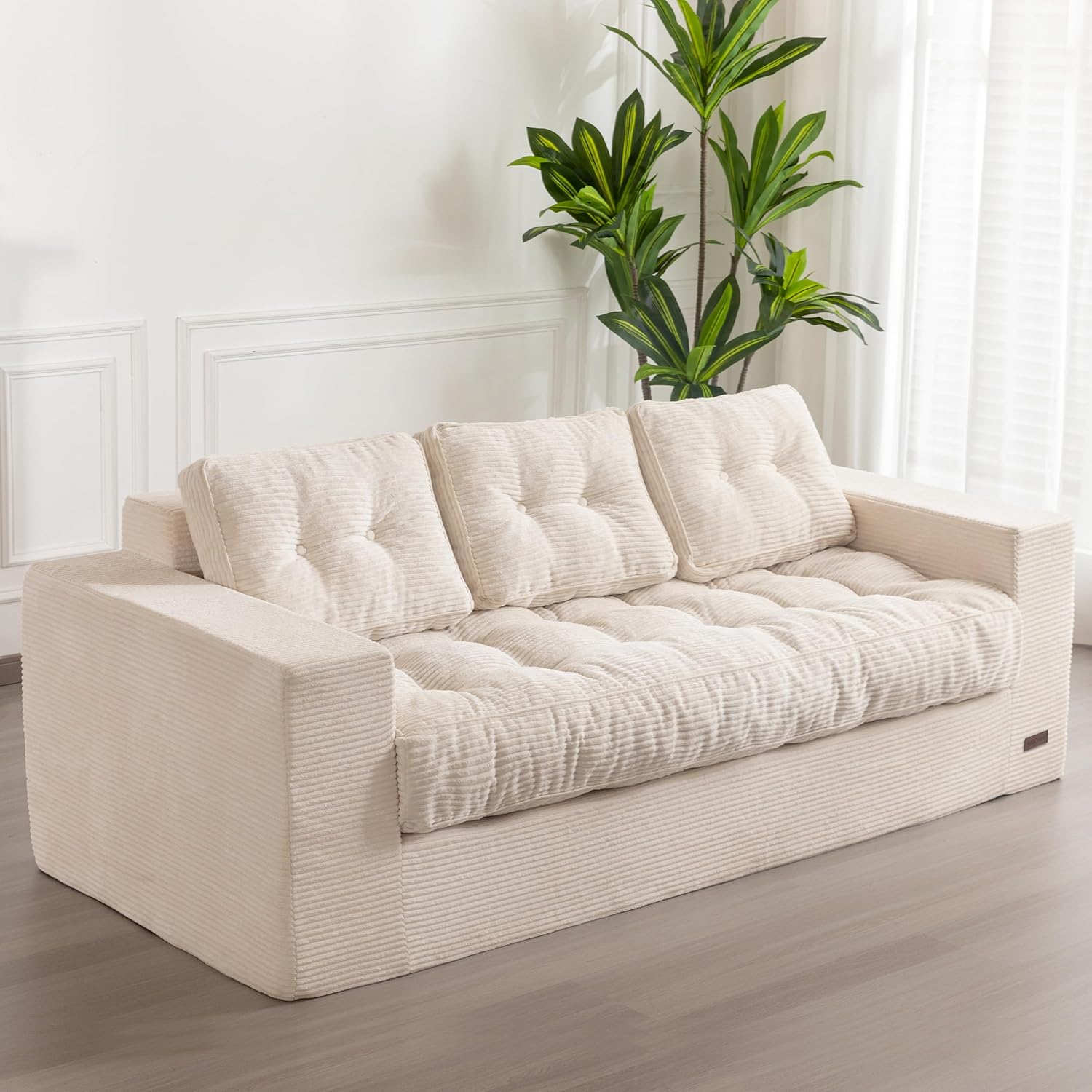 AXYOYO 3-seater sofa for living room, boneless sofa with cushions and backrest, soft cushion floor sofa with armrests, box sofa, no assembly required