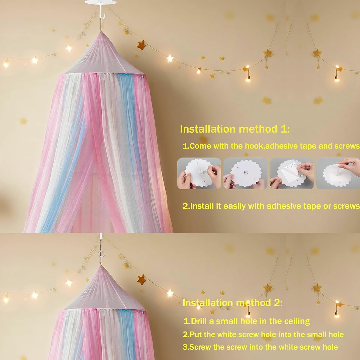 Wnqou Rainbow Bed Canopy,X-Large Princess Rainbow Canopy Hanging Netting for Girls Bedroom Decor,Kids Fairy Dream Play Tent for Room,Reading Corner