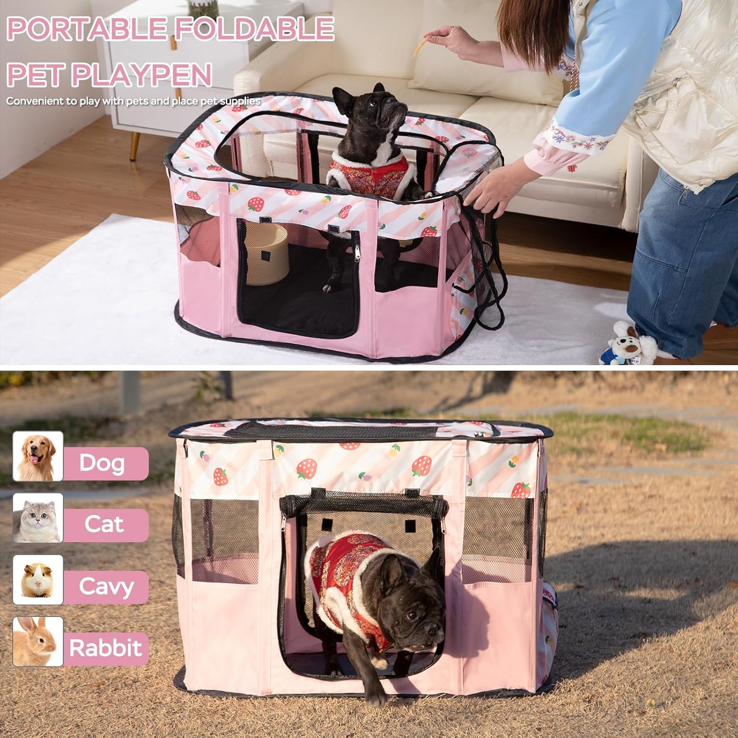 Portable Pet Cat Playpen,Cat Cages Indoor Collapsible Dog Crates Tent Kennel Playpen for Dogs Cat and Rabbit Travel Dog Playpen Indoor & Outdoor (Small（27.6" L x 21.7" W x 17.7" H）, Pink)