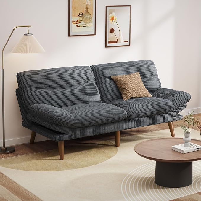 Pipishell Convertible Futon Sofa Bed,66" Corduroy Futon Couch with Adjustable Backrest and Armrests, Recliner Sleeper Sofa for Small Spaces, Play Room or Office, Grey