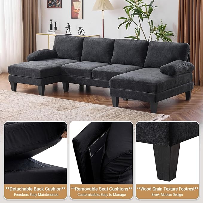 Vongrasig Convertible Sectional Couches, 3 Seat L Shaped Couch Sofa with Removable Pillows Linen Fabric Small Couch Mid Century for Living Room, Apartment and Office Black