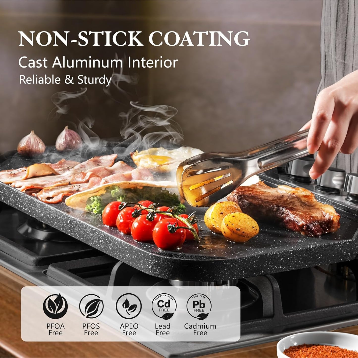 SENSARTE Nonstick Cast Aluminum Griddle & Grill Pan, 19.5" x 10.7", Reversible, Pro-Grid, Portable for Indoor Stovetop or Outdoor Camping BBQ