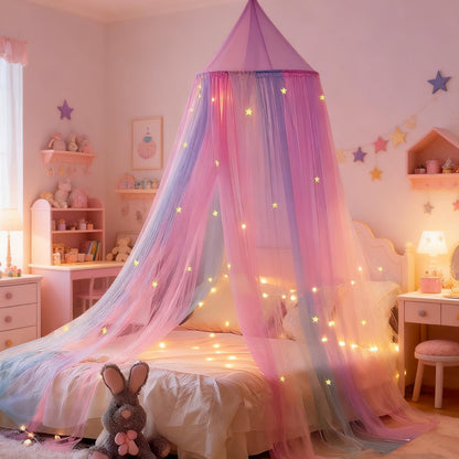 Wnqou Rainbow Bed Canopy,X-Large Princess Rainbow Canopy Hanging Netting for Girls Bedroom Decor,Kids Fairy Dream Play Tent for Room,Reading Corner